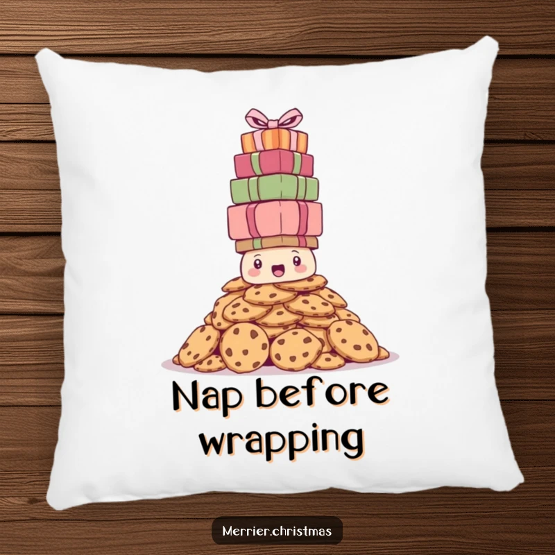 Funny pillow design with a bewildered pile of cookies attempting to balance a towering stack of holiday presents, offering comfort and laughs.