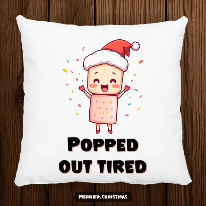 Funny Pillow featuring a Christmas cracker character joyfully popping with confetti and happiness, perfect for cozy celebrations.