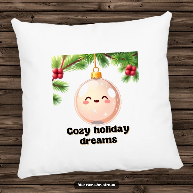 Funny kawaii Christmas ornament pillow sparkling and spinning with pure delight, a cute and festive accent pillow for humorous holiday comfort.