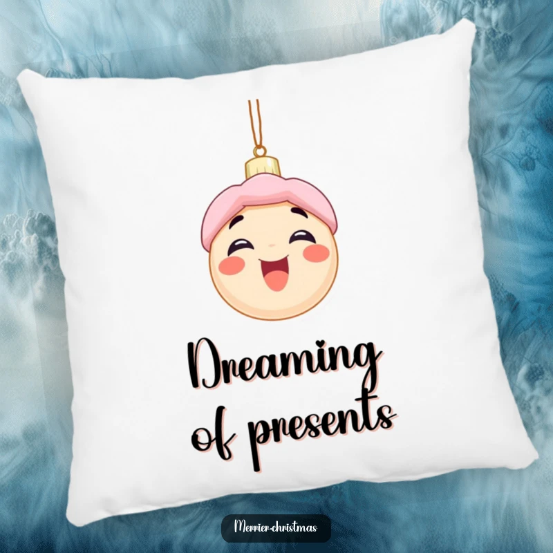 Funny pillow with an excited Christmas ornament character with a wide smile, offering humorous holiday comfort and festive charm.