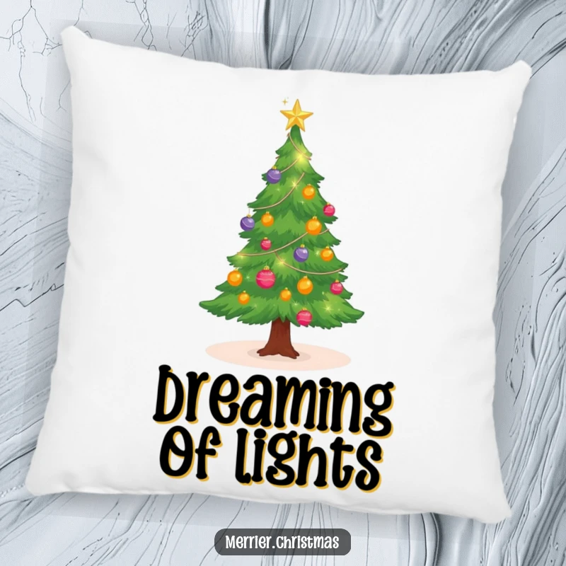 Funny cute Christmas tree pillow with sparkling ornaments, twinkling, offering comfort and festive cheer as a funny gift.