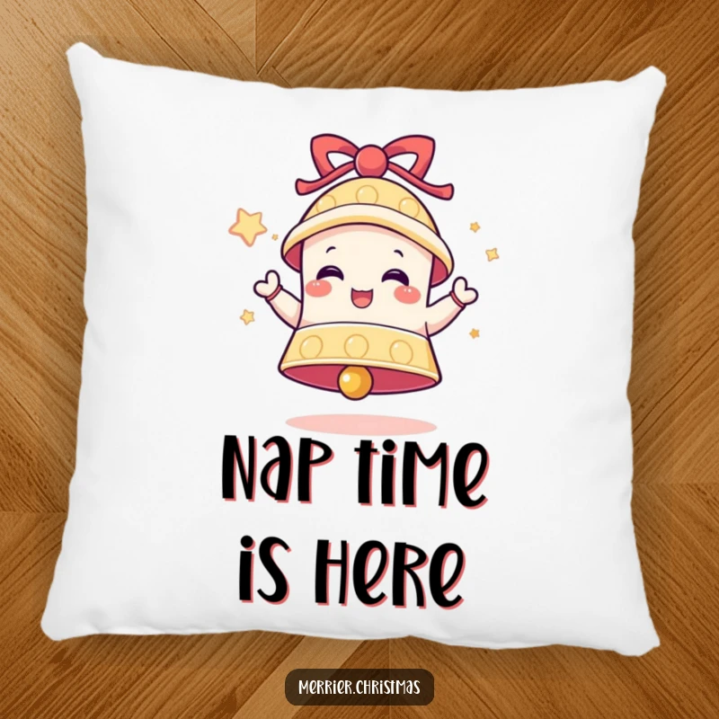 Funny Bell Pillow designed with a ringing bell character expressing delight, perfect for adding comfort and festive humor.