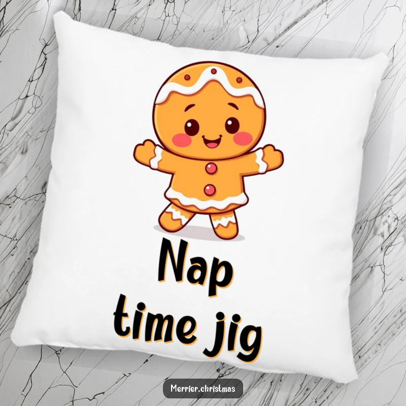 Funny smiling gingerbread character pillow, with icing details, doing a happy dance, perfect for festive comfort.