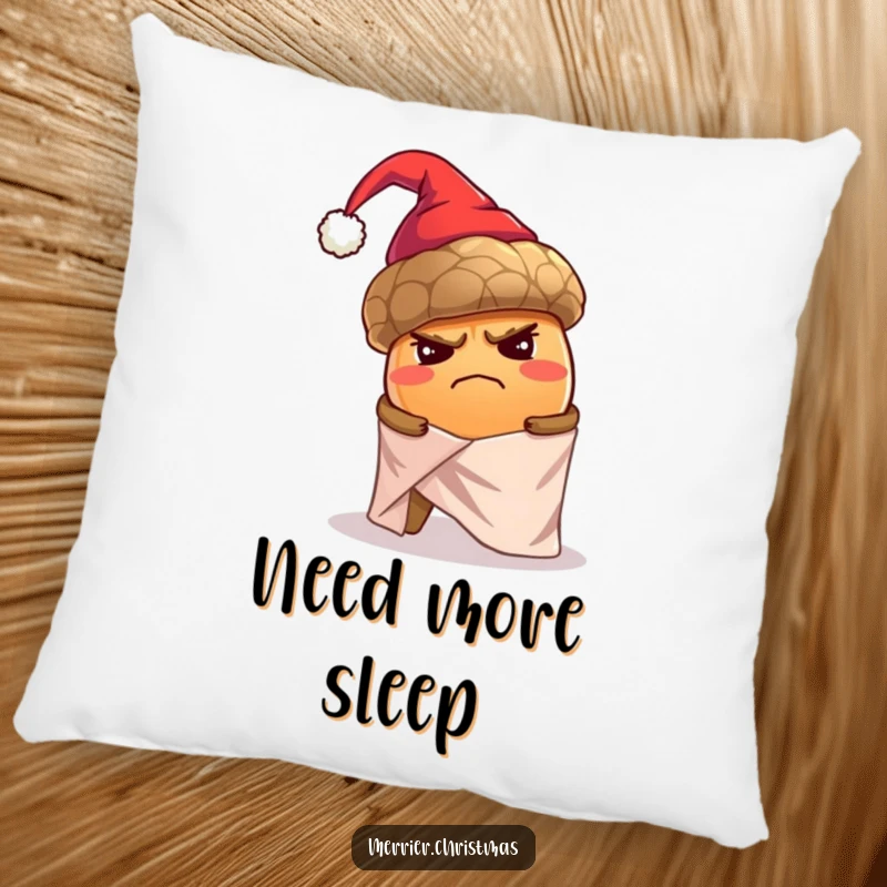 Funny pillow design of a grumpy, oversized acorn in a tiny Santa hat trying to wrap itself alone in shiny holiday paper.
