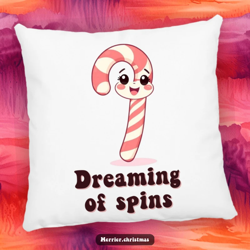 Funny candy cane pillow, cheerfully spinning, bringing cozy holiday vibes and sweet fun, a perfect funny gift.