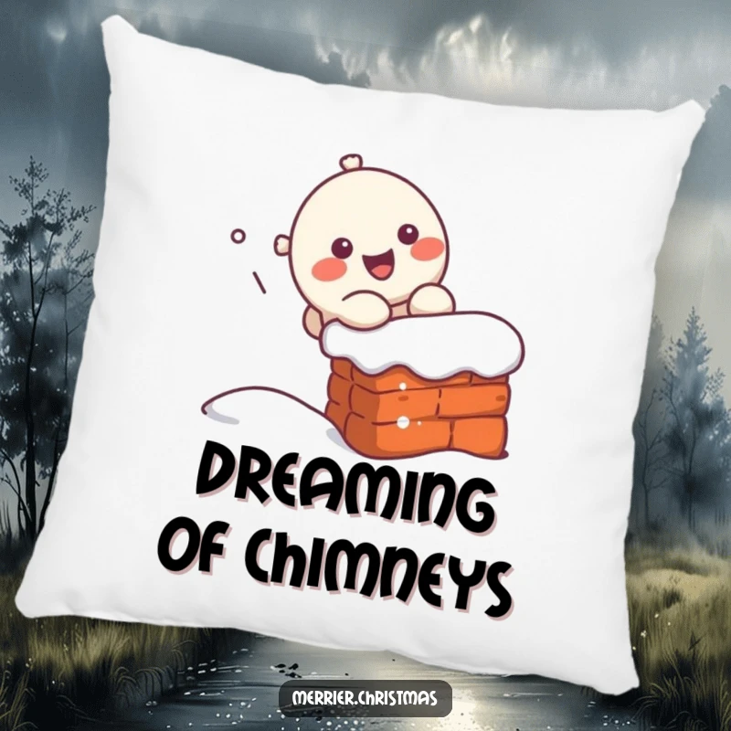Funny, happy kawaii character in the act of sliding down a chimney, featured on a soft pillow for festive comfort.