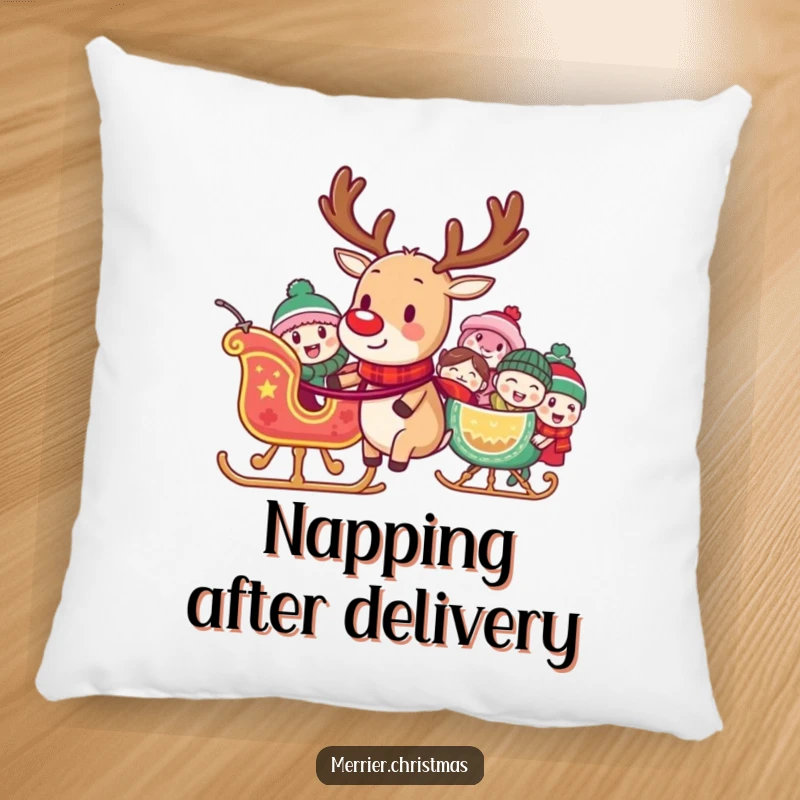 Funny pillow featuring a reindeer pulling a sleigh full of laughing characters, designed to bring festive comfort and humorous cheer.