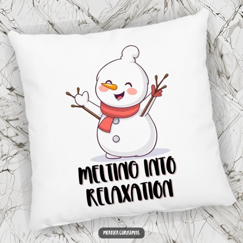Funny pillow featuring a cheerful snowman character waving a twig arm, providing comfort and a touch of winter whimsy.