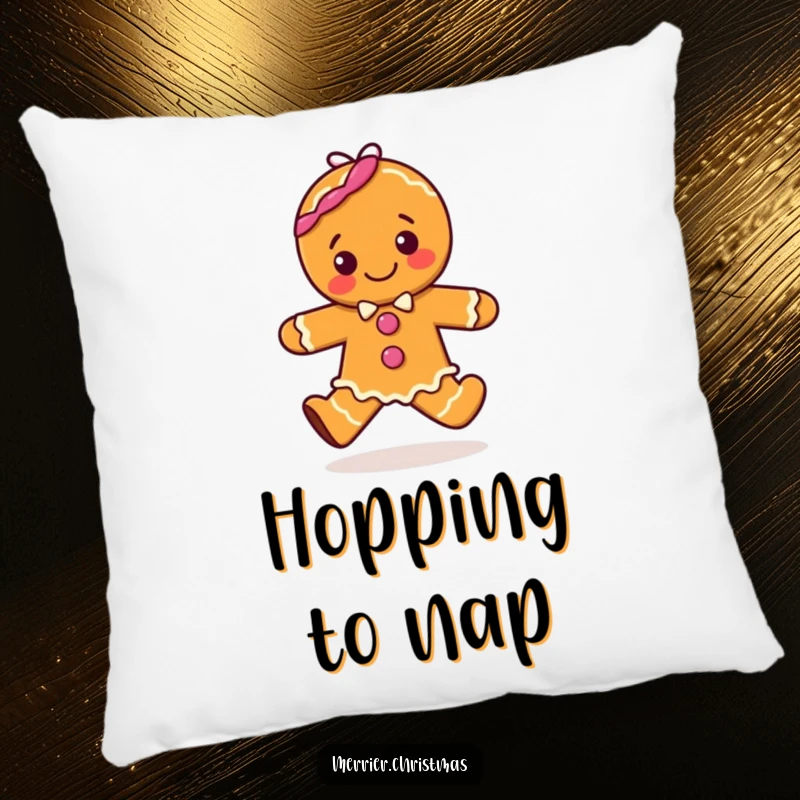 Funny pillow featuring a happy gingerbread character captured in a delightful hopping pose, bringing warmth and joy.