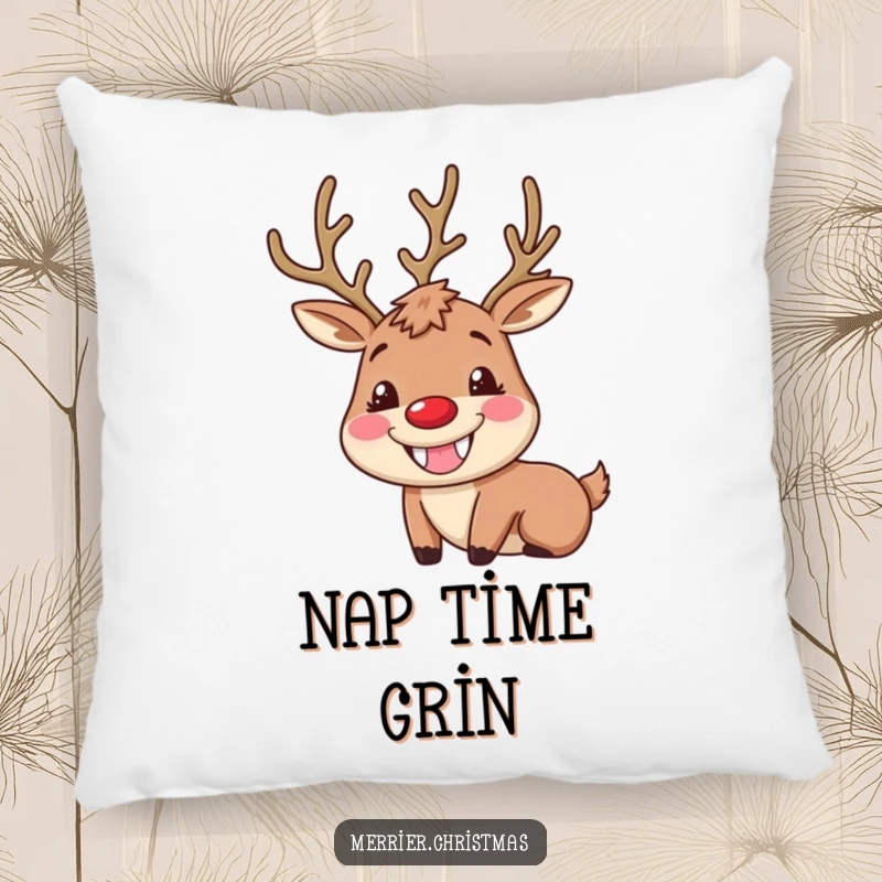 Funny Reindeer Pillow with a character's huge, goofy grin and rosy cheeks, offering plush comfort and holiday-themed humor.