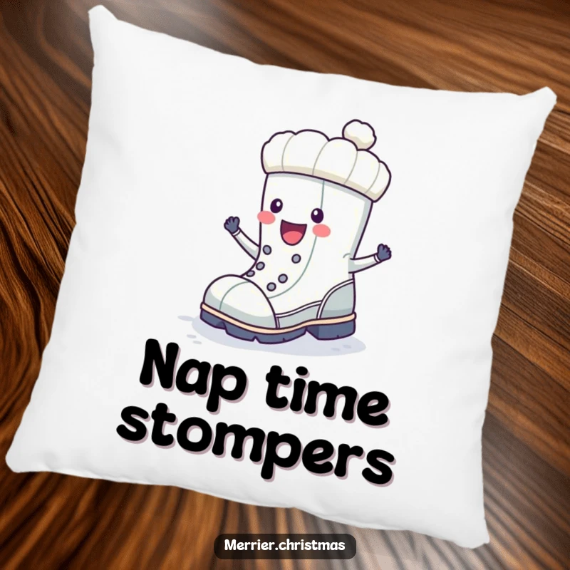 Funny winter boot character doing a happy stomp, featured on a soft, decorative pillow for winter comfort.