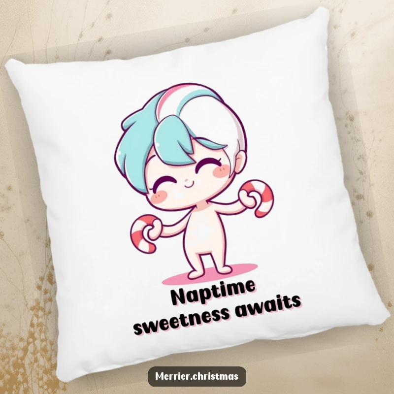 Funny pillow with a stylized candy cane character bending playfully, offering comfort and a heartwarming dose of holiday humor for any living space.