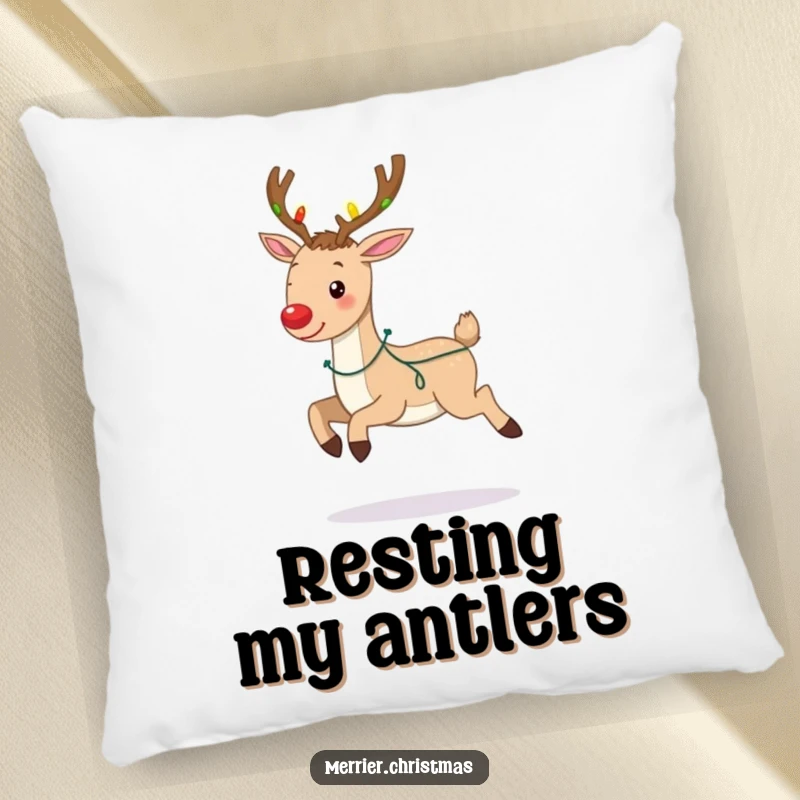 Funny pillow with a design of a reindeer prancing, its antlers decorated with glowing Christmas lights, adding festive comfort.