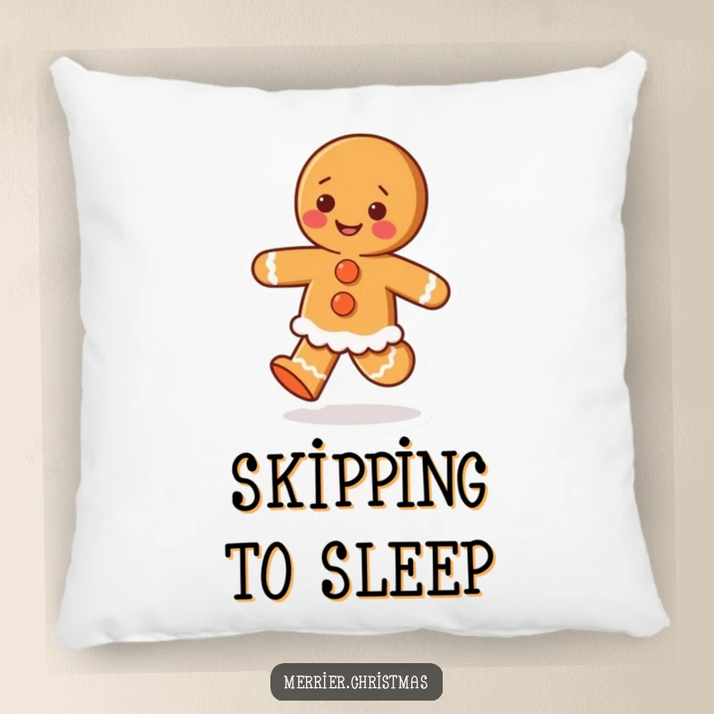 Funny pillow featuring a gingerbread person with icing buttons doing a happy skip, bringing sweet holiday cheer.