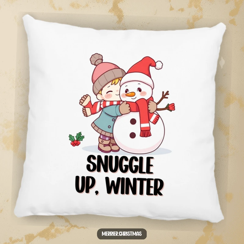Funny kawaii character sharing a tender hug with a smiling snowman, perfect for a cozy and humorous pillow.