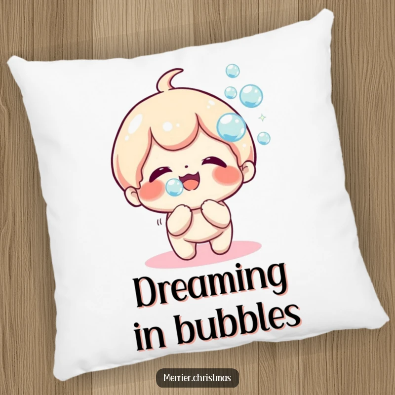 Funny Pillow featuring a cute kawaii character joyfully blowing a stream of sparkly, iridescent bubbles, adding a whimsical touch.