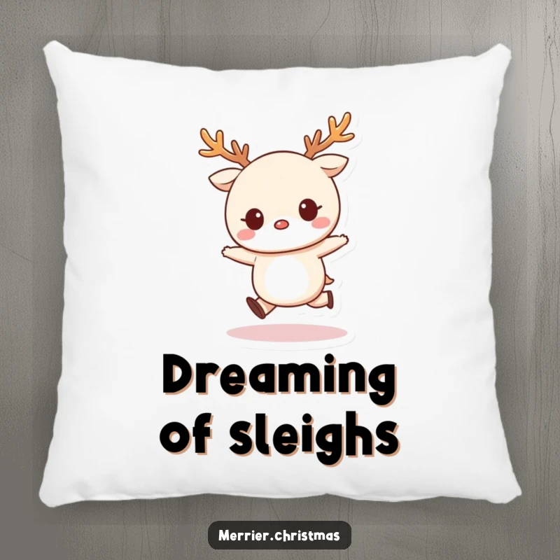 Funny Pillow featuring a cute kawaii character wearing reindeer antlers and happily skipping, adding a cozy holiday vibe.