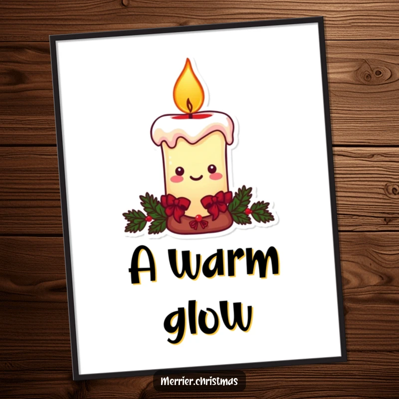 Funny Christmas candle digital art print, a character with a warm, smiling flame, radiating festive joy.