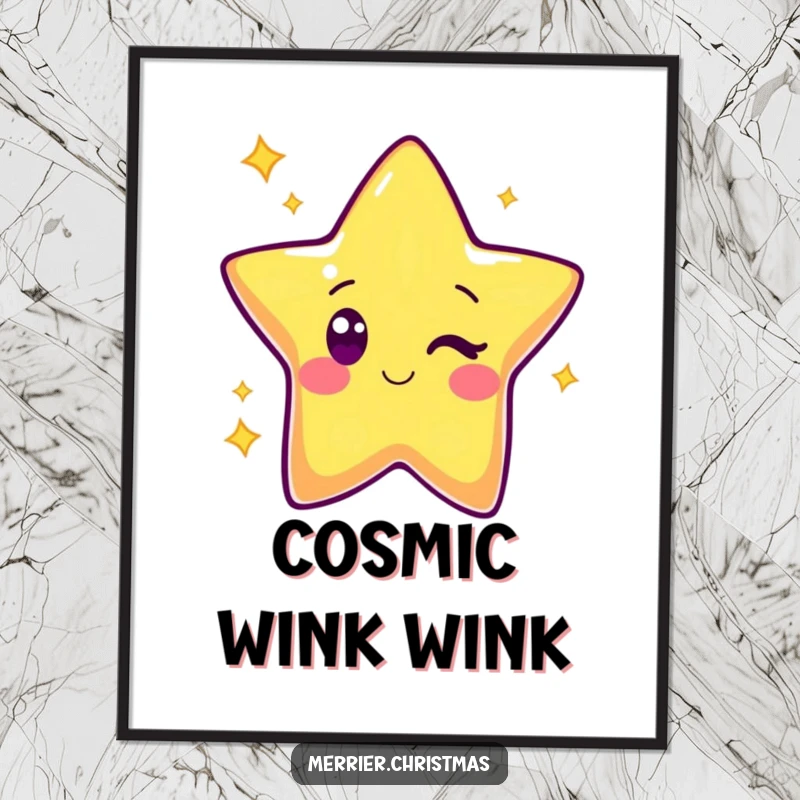 Funny Kawaii Star Digital Art Print: Cute cartoon star character winking brightly, radiating positivity and cosmic charm for wall art.