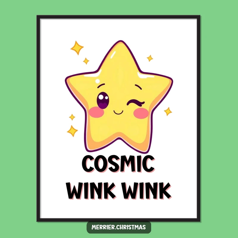 Funny Kawaii Star Digital Art: Bright Winking Character Print, Gift Decor