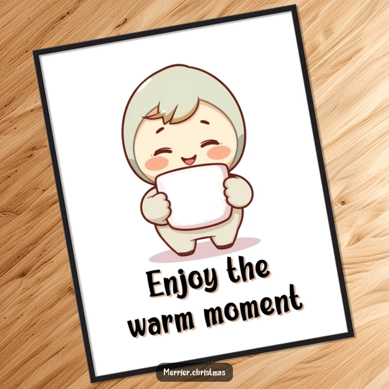 Funny Warm Smile Digital Art Print of a character holding a steaming mug and smiling warmly, perfect for instant comforting decor.