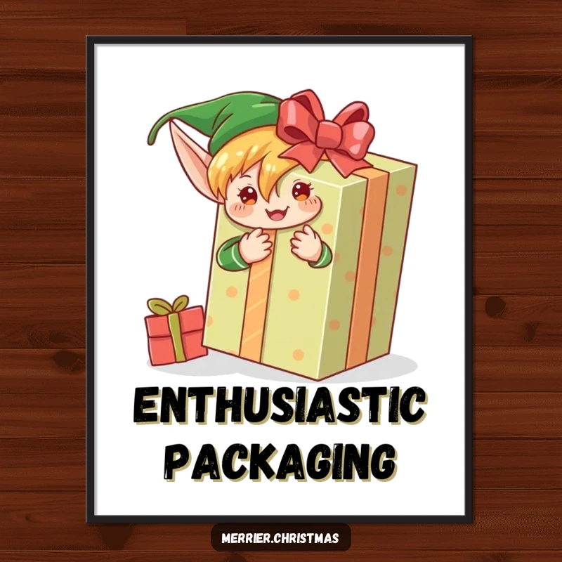 Funny digital art print of an elf character enthusiastically wrapping a very large gift, capturing holiday preparation and joy.