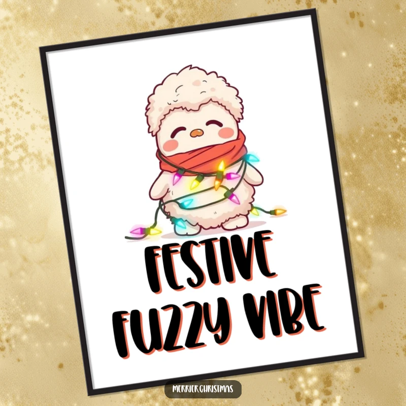 Funny digital art print of a confused, fuzzy slipper attempting to wear a string of blinking Christmas lights as a scarf.