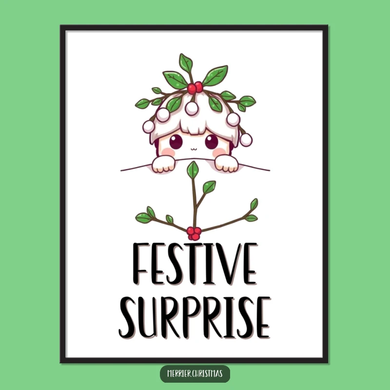 Funny Mistletoe Peeking Digital Art Print: Playful Holiday Character Decor for Festive Spaces