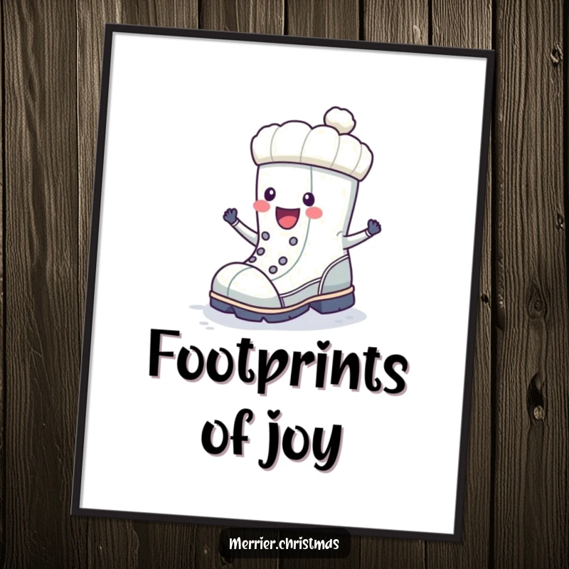 Funny winter boot character captured mid-stomp with pure joy, available as a downloadable digital art print.