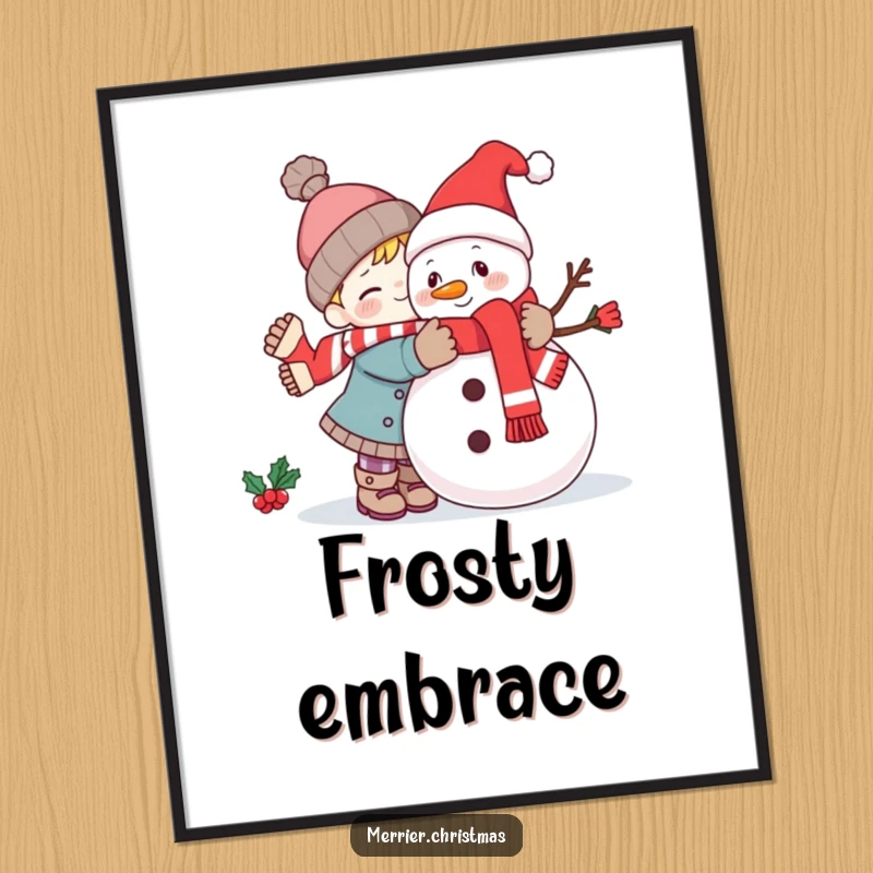 Funny kawaii character sharing a big hug with a festive snowman, a charming and humorous digital art print.