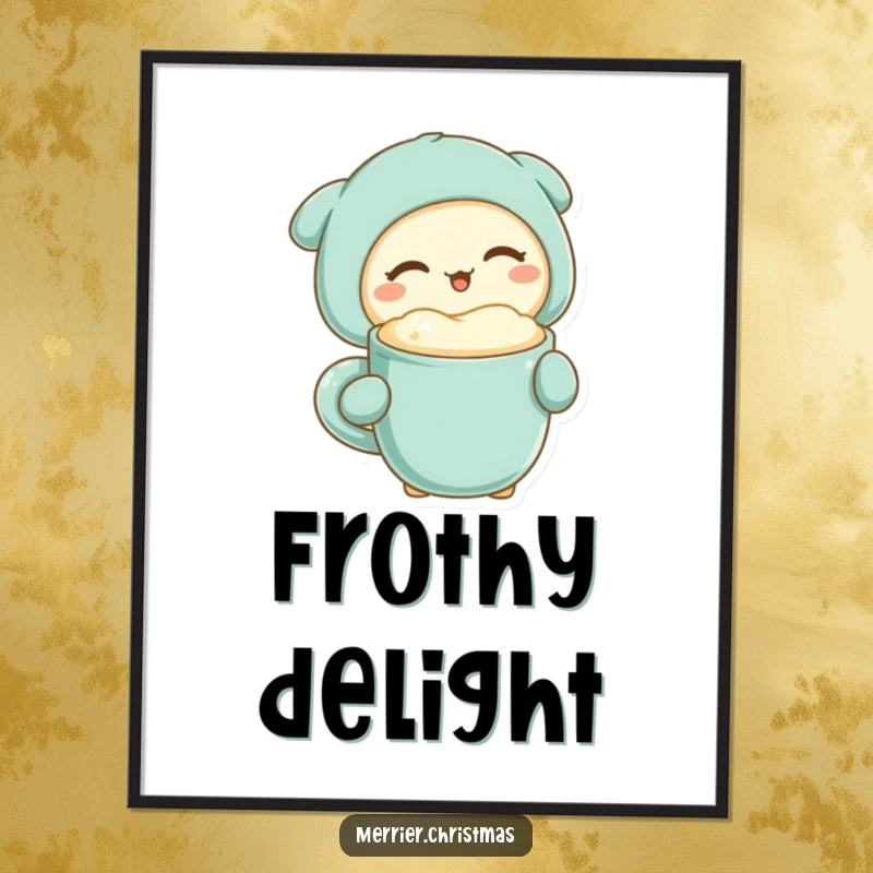 Funny kawaii character winking with a mug of warm, frothy drink, a humorous and stylish digital art print.