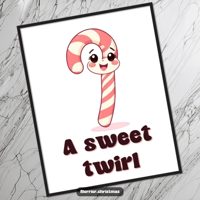 Funny candy cane digital art print, cheerfully spinning, perfect for instant decor and as a funny gift.