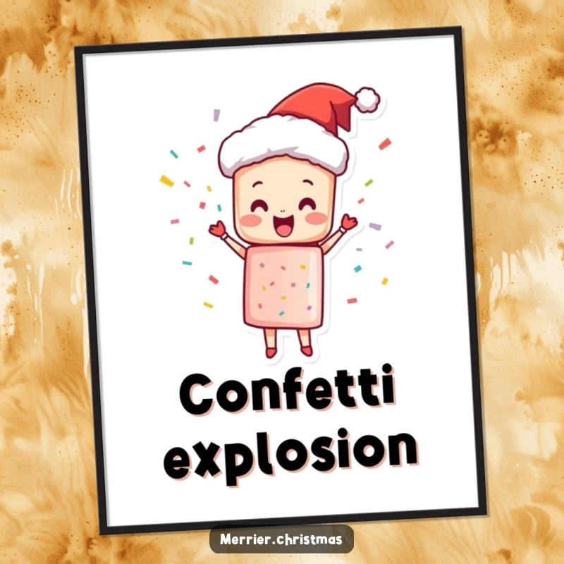Funny Digital Art Print of a Christmas cracker character joyfully popping with confetti and happiness, perfect for instant decor.