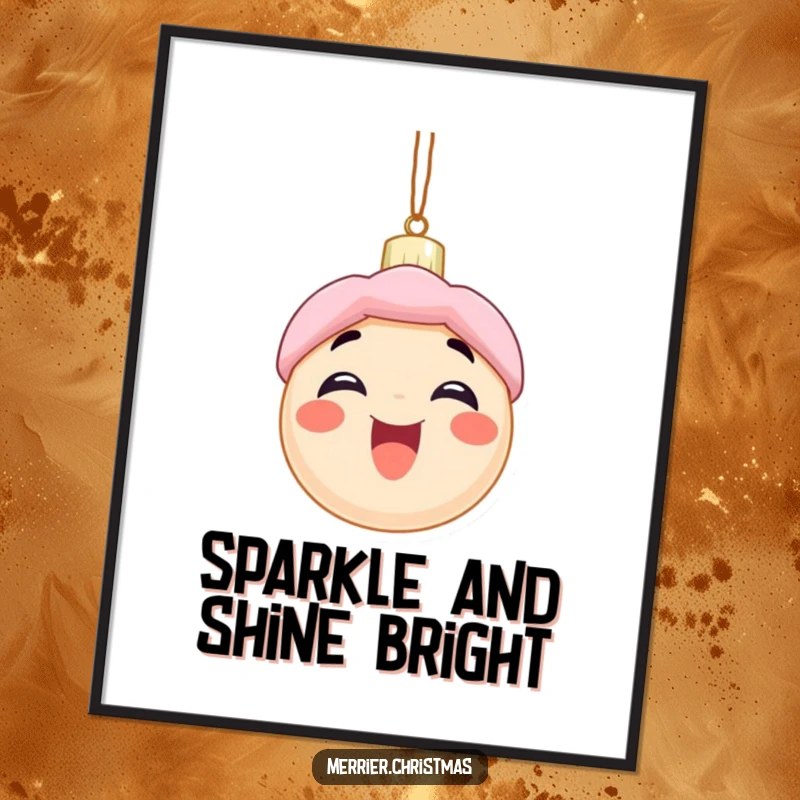 Funny digital art print of an excited Christmas ornament character with a wide smile, offering humorous, downloadable holiday charm.