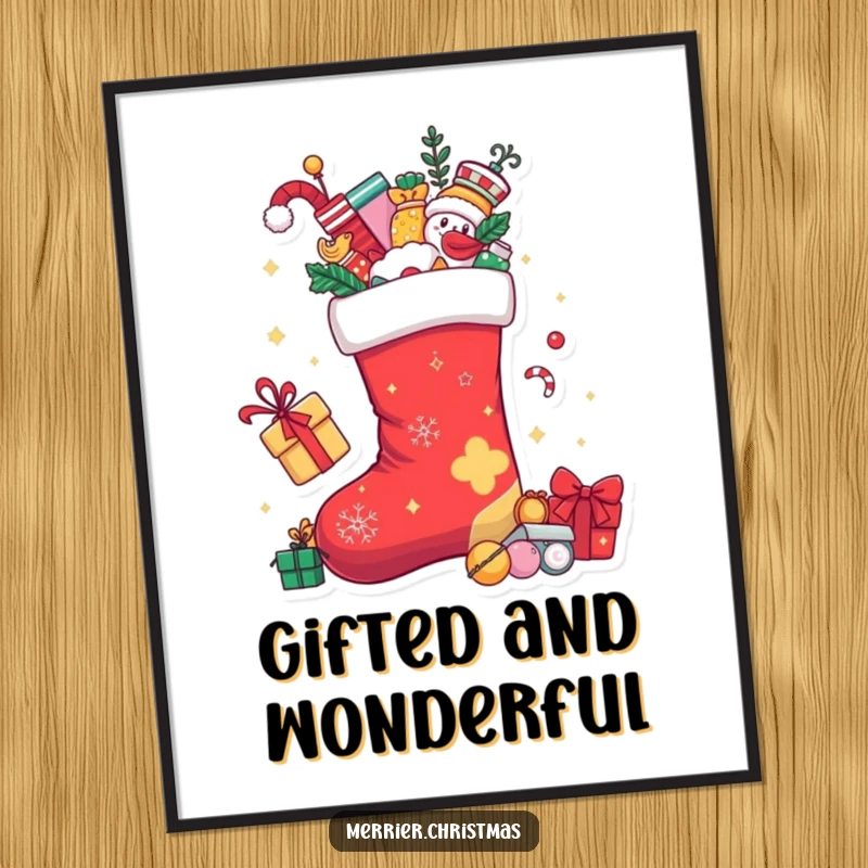 Funny Christmas stocking character overflowing with playful holiday items, available as a downloadable digital art print.