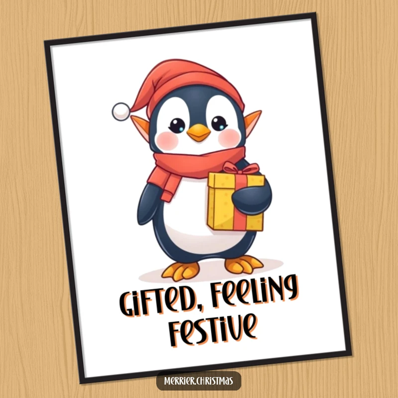Funny elf penguin digital art print, dressed as a cute elf, holding a wrapped gift, perfect festive wall decor.