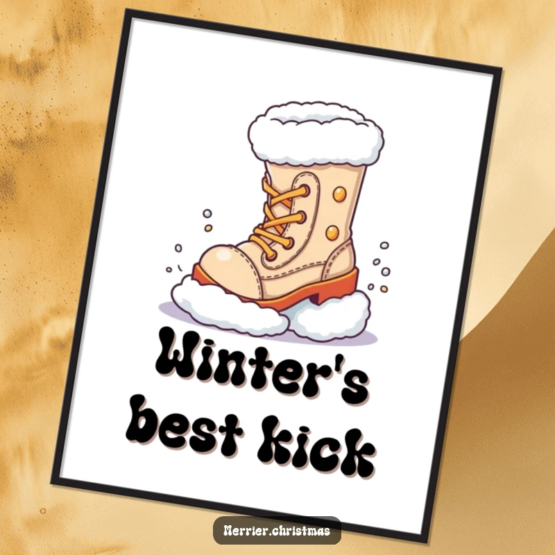 Funny Digital Art Print, a festive boot character captured in mid-air, kicking up a cloud of snow with glee.