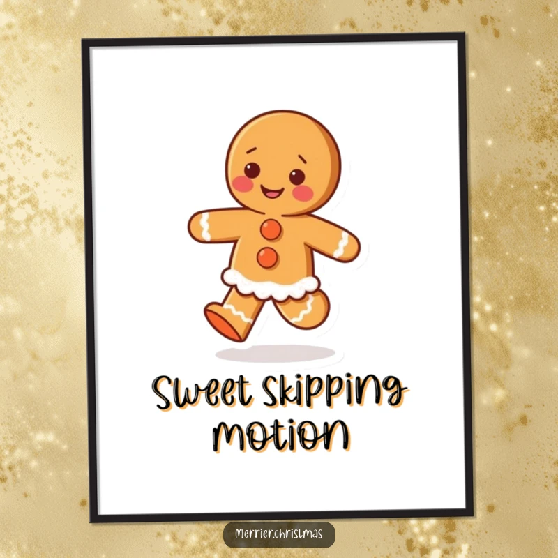 Funny digital art print of a gingerbread person with icing buttons, happily skipping, embodying holiday cheer and sweetness.