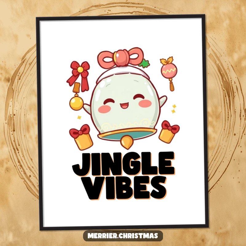 Funny Digital Art Print of a festive bell character radiating a cheerful, jingly vibration, perfect for instant festive decoration.