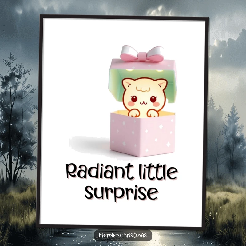 Funny digital art print of a kawaii gift box character opening to reveal a tiny, twinkling light, symbolizing joy and hidden potential.
