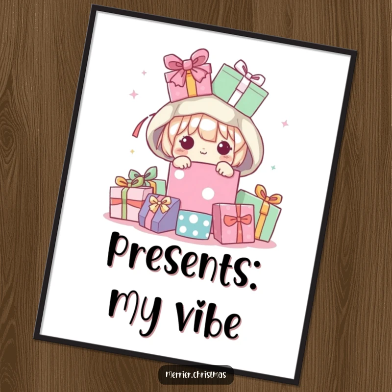 Funny Digital Art Print: a kawaii character peeking from a mountain of gifts, radiating pure, humorous excitement and delight.
