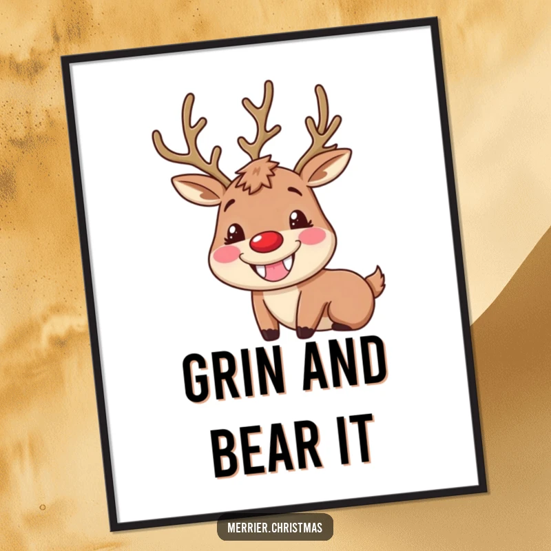 Funny Reindeer Digital Art Print of a character with a huge, goofy grin and rosy cheeks, perfect for festive and humorous wall art.