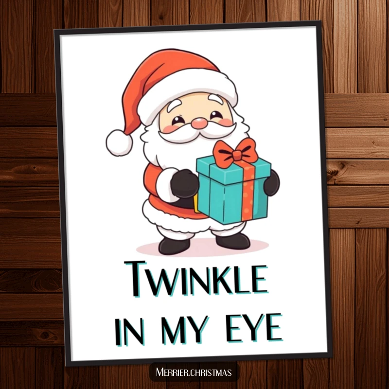 Funny digital art print of a cute Santa Claus with twinkling eyes, handing out gifts, perfect for instant humorous holiday decor.