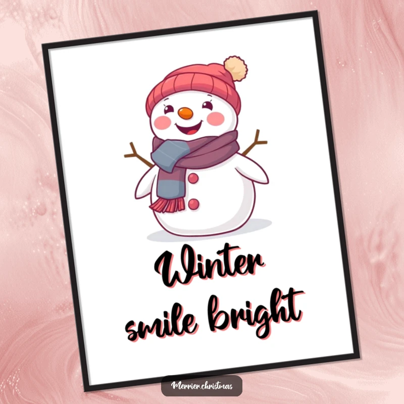 Funny digital art print of a cute snowman wearing a festive scarf and beaming, perfect for cheerful decor.