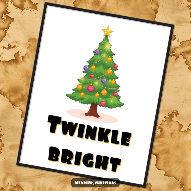Funny Christmas tree digital art print with sparkling ornaments, twinkling, perfect for instant festive wall decor and as a funny gift.