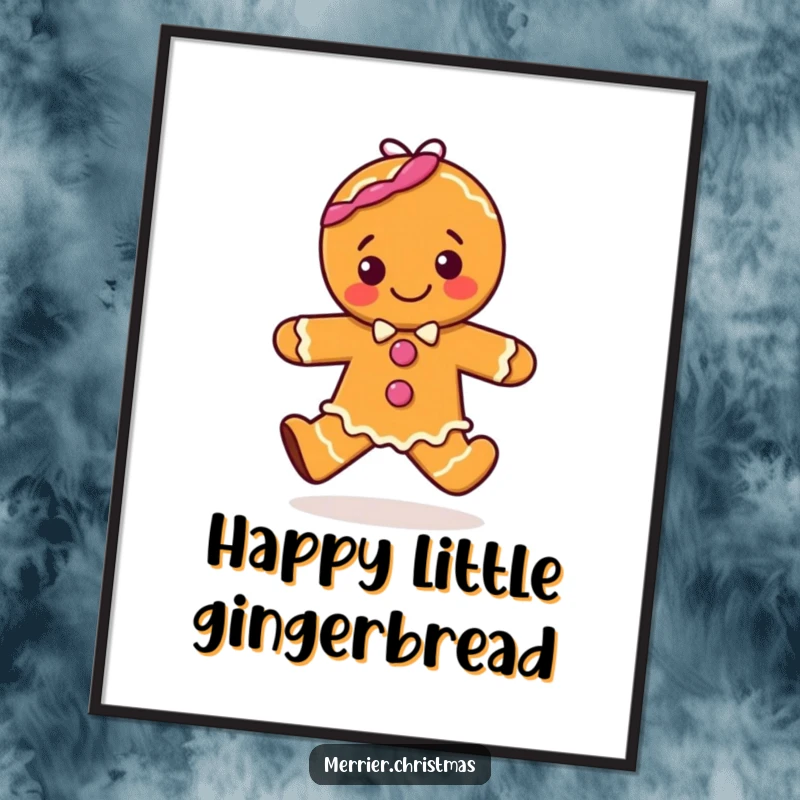 Funny digital art print of a gleeful gingerbread character caught in a happy hop, radiating pure festive delight.