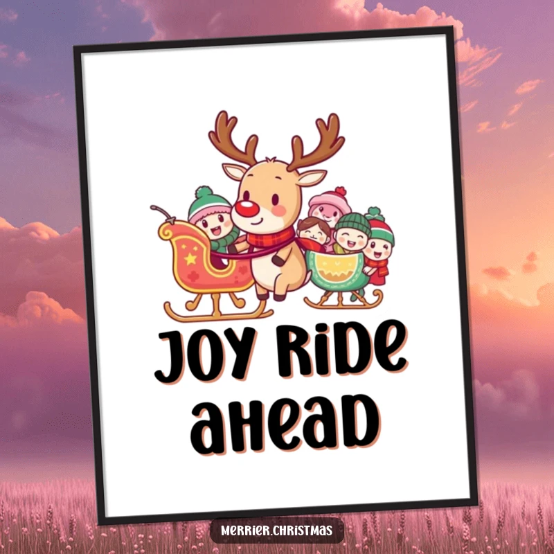 Funny digital art print of a reindeer pulling a sleigh full of laughing characters, perfect for instant humorous holiday decor.
