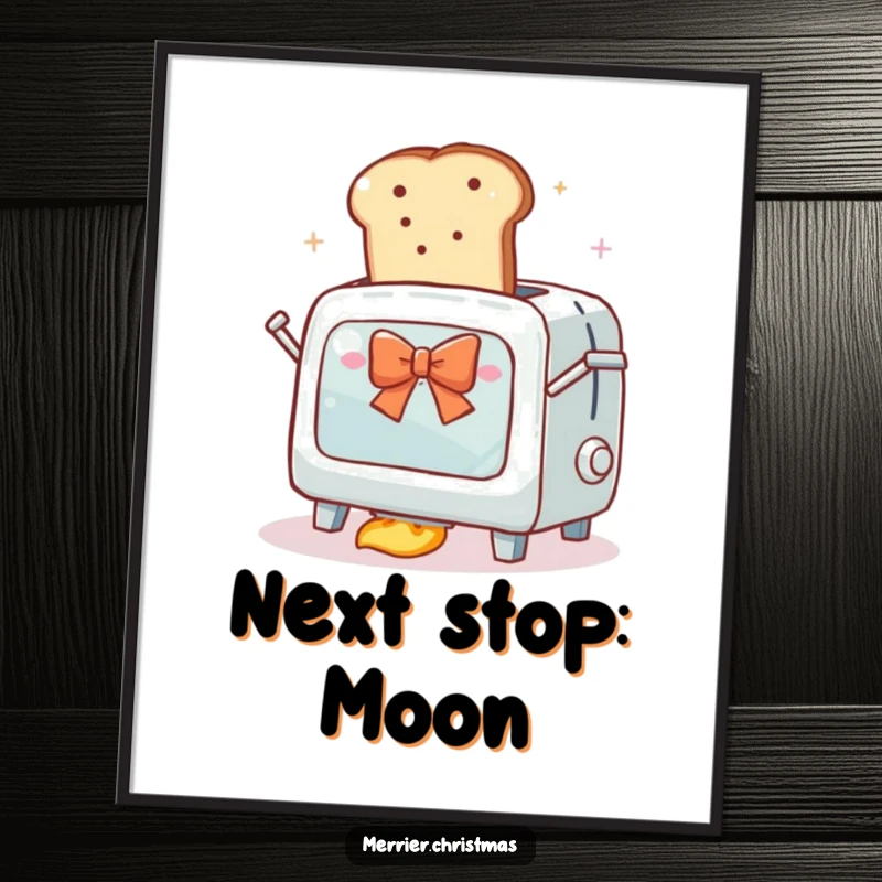 Funny digital art print showing an enthusiastic toaster oven launching a slice of bread with a festive bow into orbit, a whimsical scene.