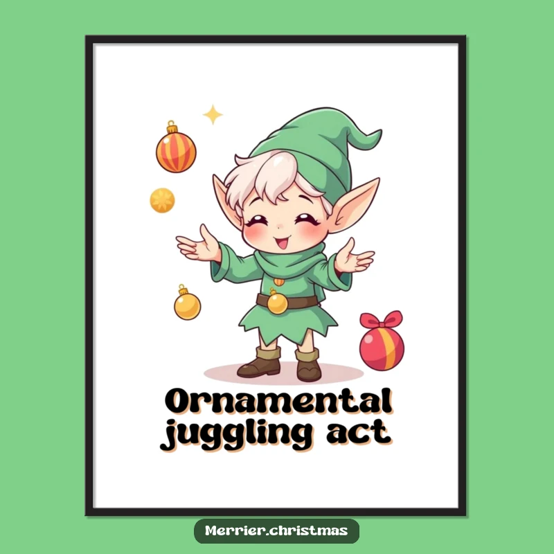 Funny Elf Juggling Ornaments Digital Print: Festive Wall Decor and Hilarious Gift