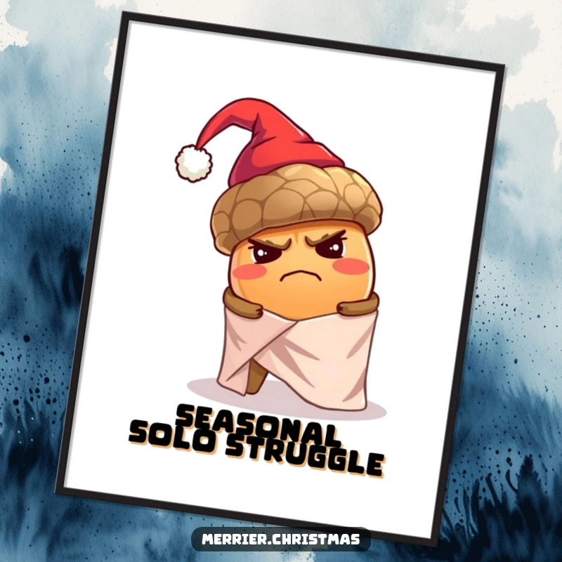 Funny digital art print of a grumpy, oversized acorn wearing a tiny Santa hat, struggling to wrap itself alone in shiny paper.